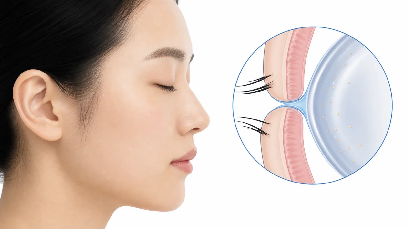 닫힌 눈꺼풀 아래 눈물막과 각막, 눈꺼풀 접촉, 감각 신호의 관계 도해