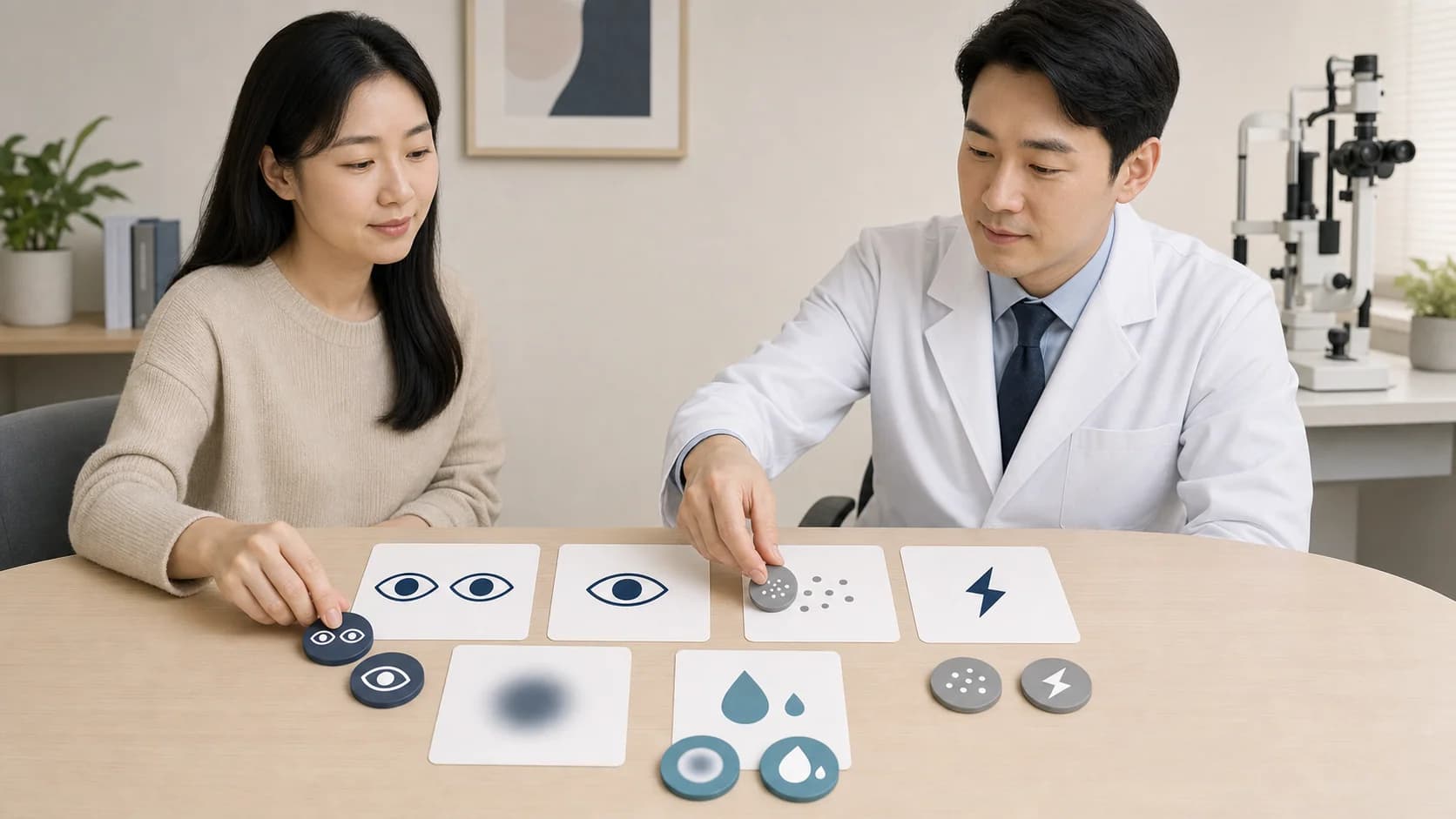 네 시간 구간에서 양눈과 한눈, 통증과 뻑뻑함, 흐림과 눈물 차이를 분류하는 카드
