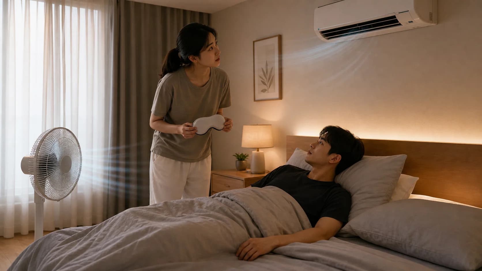 침실의 직풍과 수면 자세, 눈 주변 노출 단서를 비접촉으로 점검하는 장면
