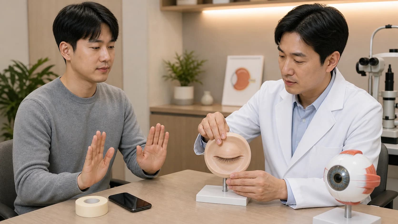 눈꺼풀 강제 개방과 테이핑을 보류하고 의료진의 폐쇄 상태 확인으로 이동하는 장면