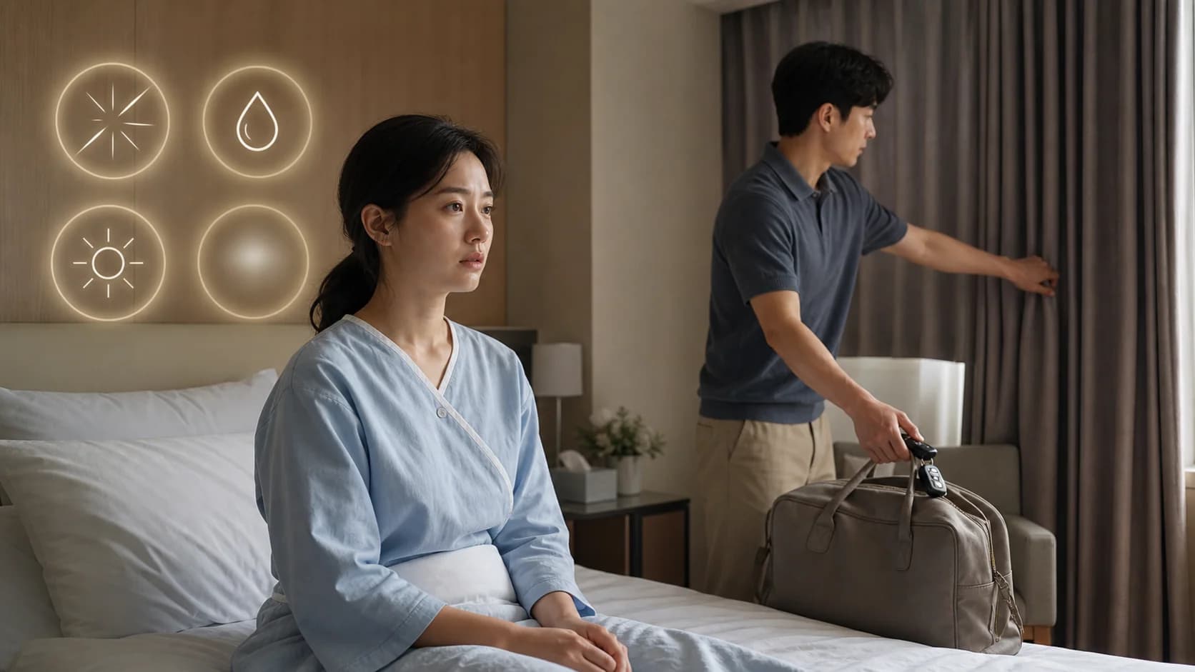 첫 눈뜸의 통증과 눈물, 광과민, 시력 저하에서 수술기관에 연락하는 장면