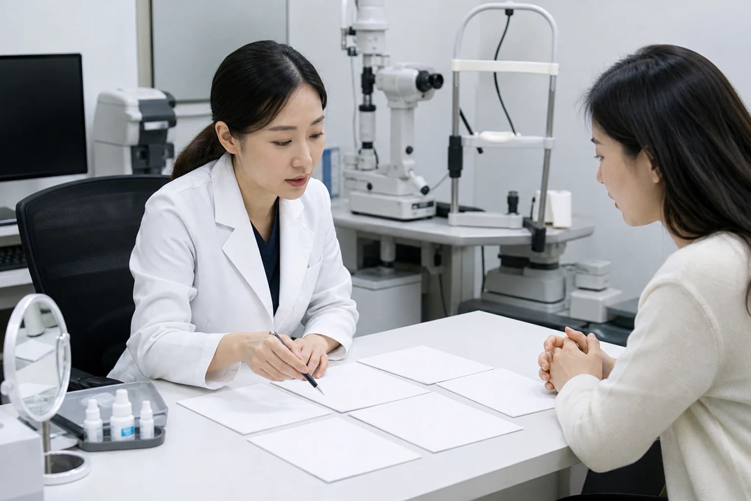 아침 증상과 밤 구간, 기존 노출, 렌즈·수술 이력, 사용 제품의 다섯 자료를 진단 전에 함께 검토하는 상담