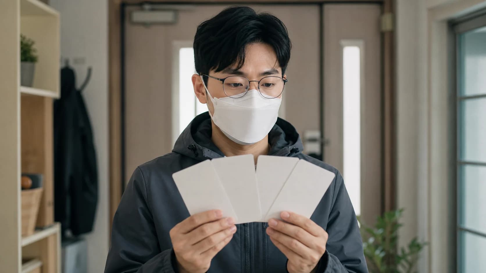 안경과 마스크를 쓴 한국 성인이 시야 안전·마스크 맞음새·안경 코팅·눈 상태 네 개의 빈 카드로 점검하는 장면