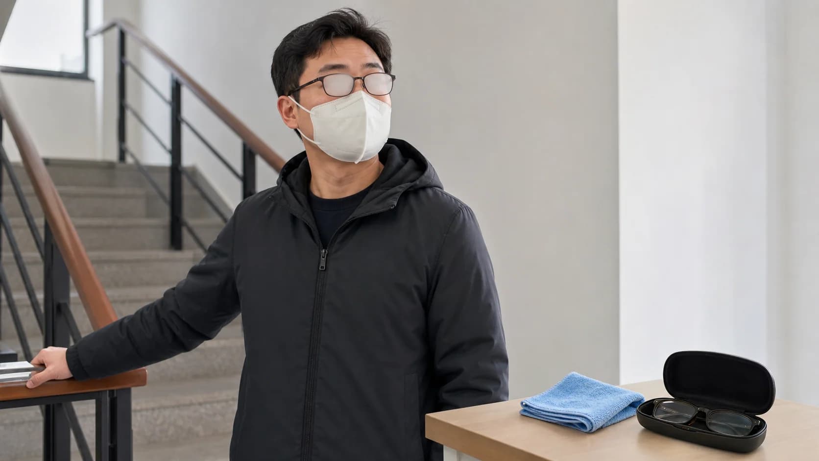 계단 앞에서 김서린 안경 때문에 안전한 곳에 멈추고 깨끗한 안경닦이와 예비 안경을 확인하는 장면