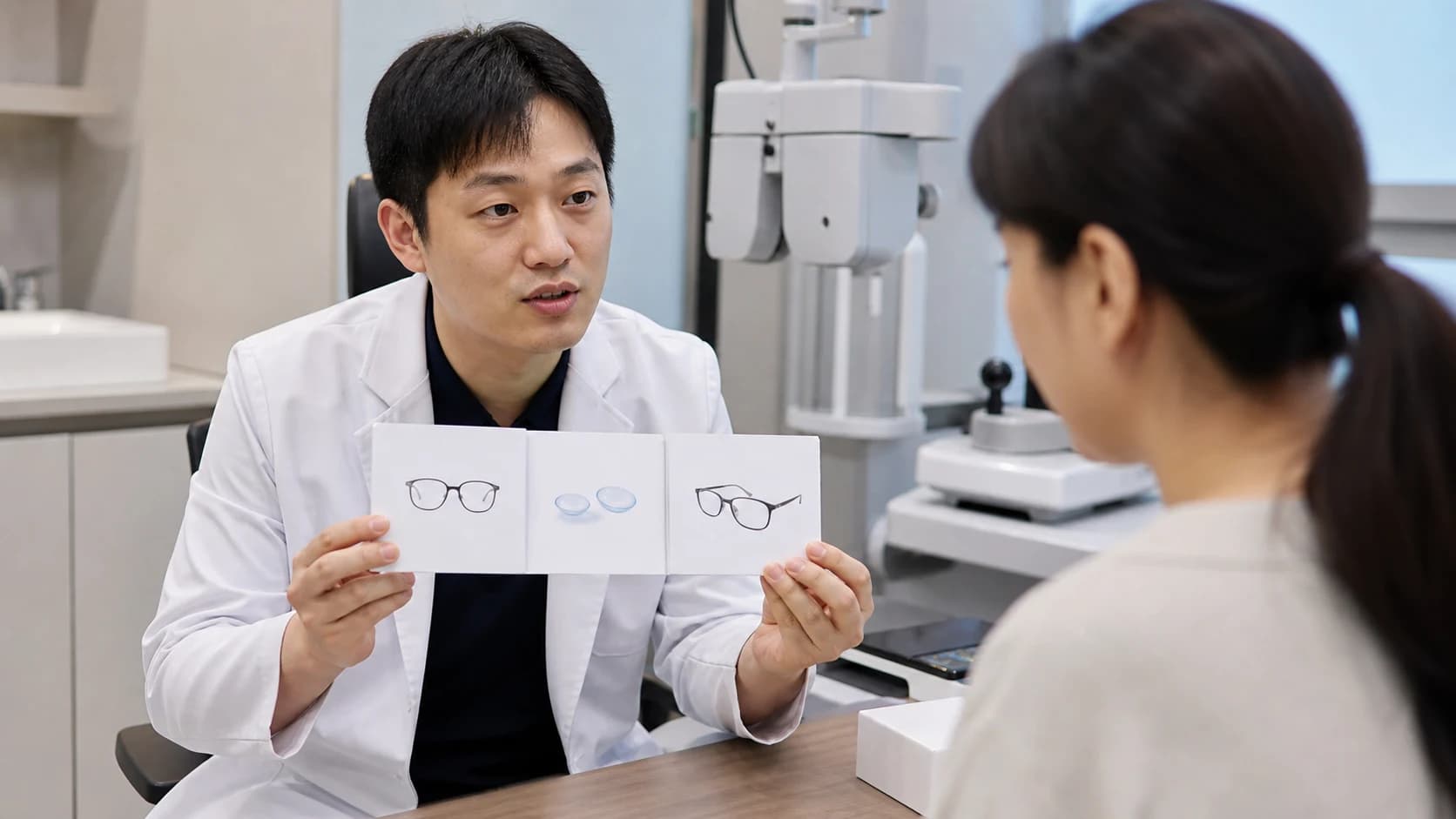 김서림 안경·처방 콘택트렌즈·예비 안경을 서로 다른 결정 카드로 분리해 상담하는 장면