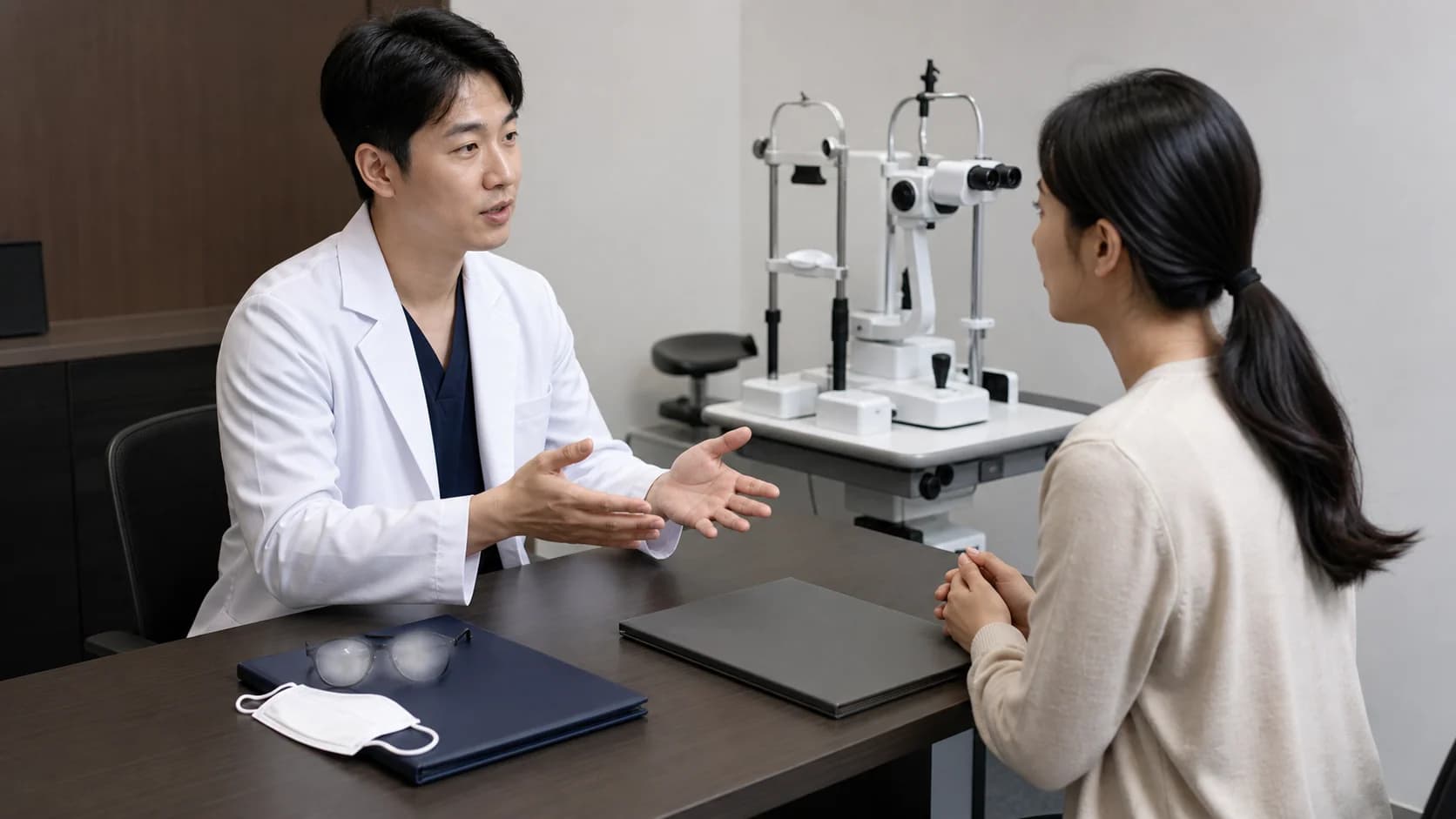 김서림 문제와 굴절수술 적합성 검사를 분리된 두 개의 빈 파일로 놓고 상담하는 안과 장면