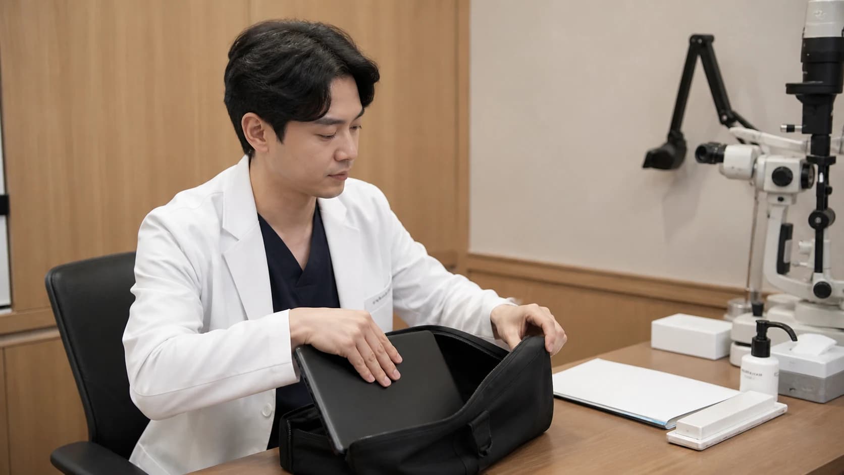 스마트 기기를 닫고 증상 시각·좌우·과업·렌즈/수술·원자료를 인계 가방에 정돈한 장면