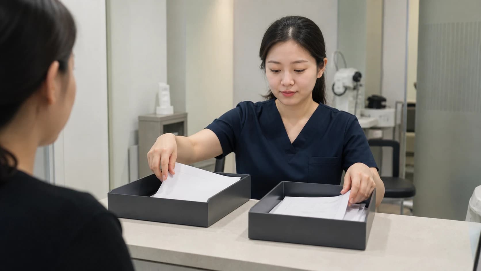 수술 여권과 움직임 영수증을 두 개의 독립 파일 트레이로 분리한 장면