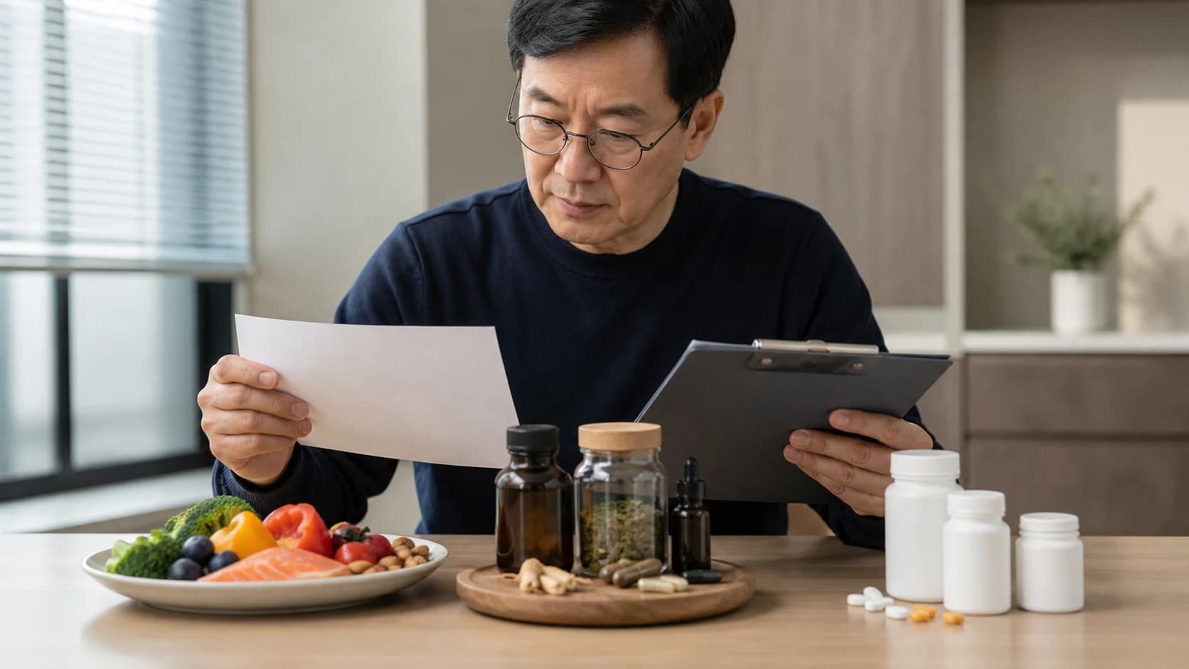 식품 접시와 허브 제품·현재 약 목록을 서로 다른 세 장부로 분리한 장면
