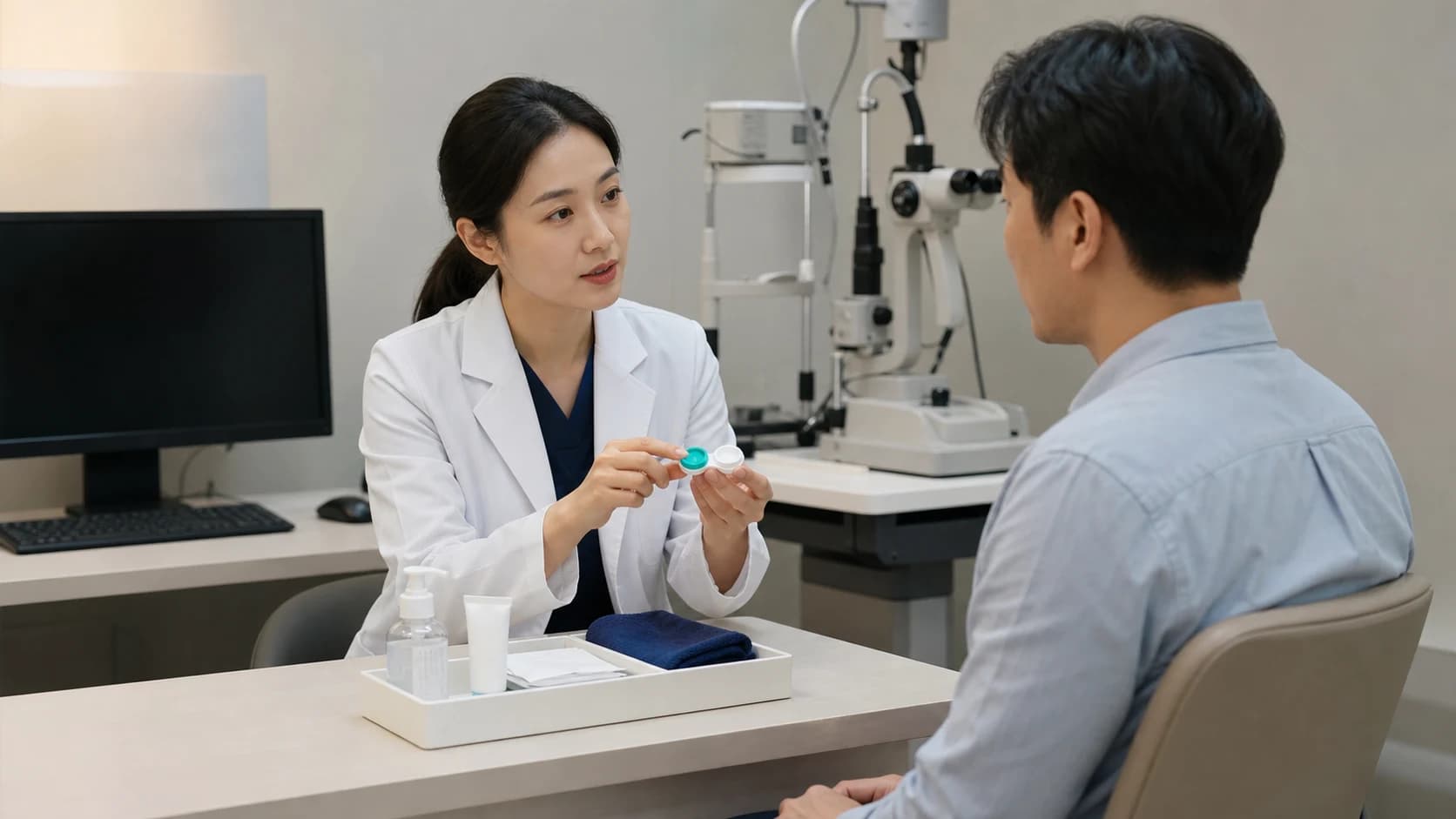 렌즈 신분, 손 위생, 관리 체계, 물·수면 노출, 증상 인계를 다섯 봉인 칸으로 구성