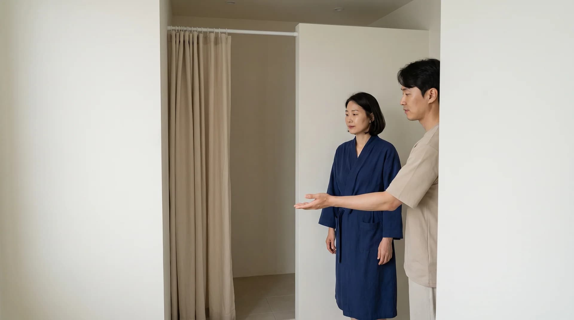 라식 후 샤워 전에 물과 세정제가 눈에 닿는 경로를 구분하고 눈을 비비지 않는 장면