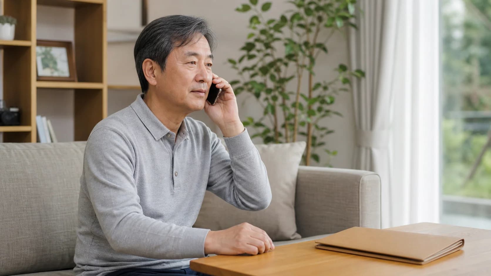 백내장 수술 후 한국 중년 성인이 퇴원 자료를 곁에 두고 수술기관에 전화하는 장면