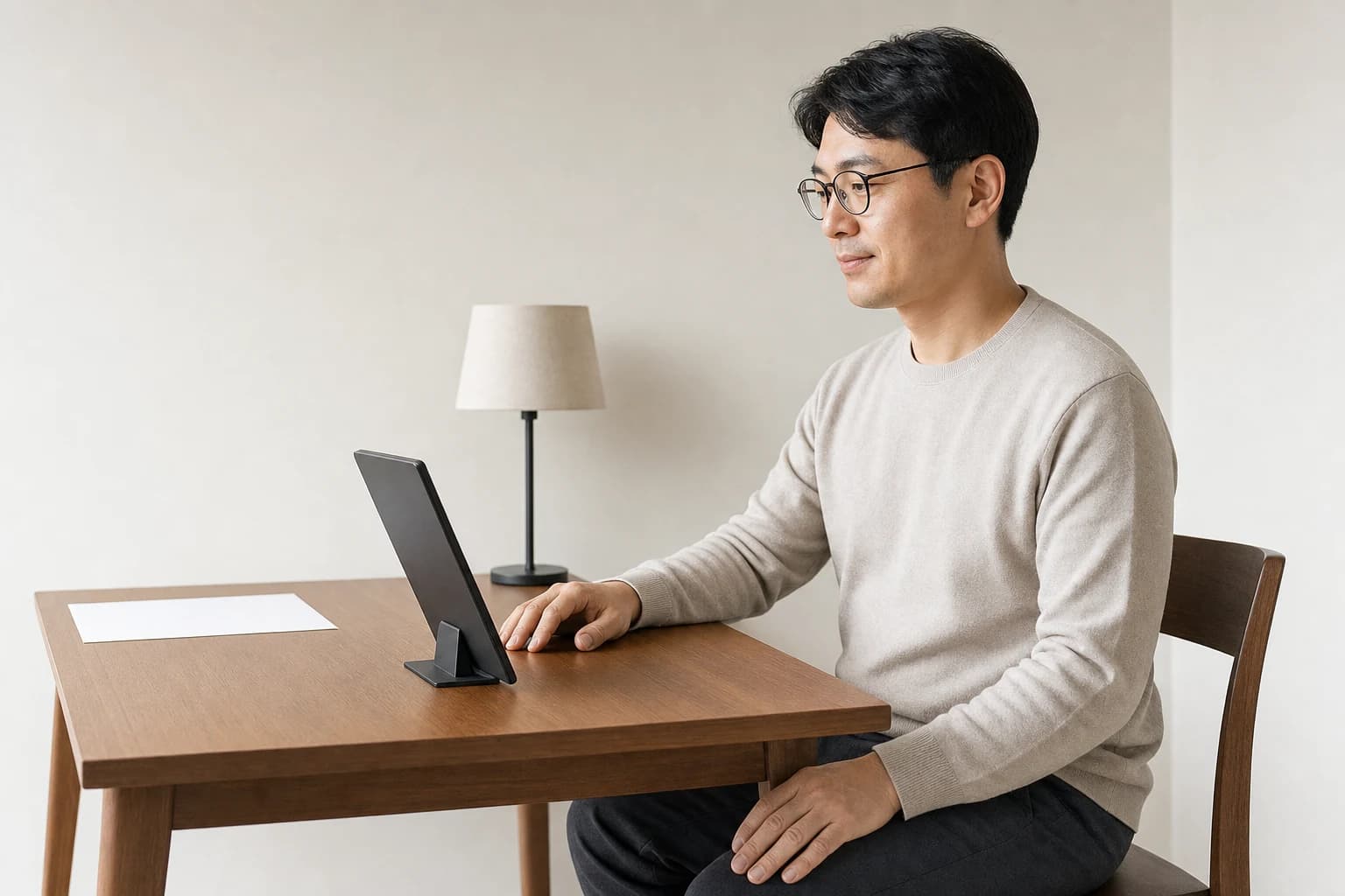 성인이 균형 잡힌 주변광에서 전자책 리더기를 스탠드에 두고 편한 거리와 자세로 읽는 장면