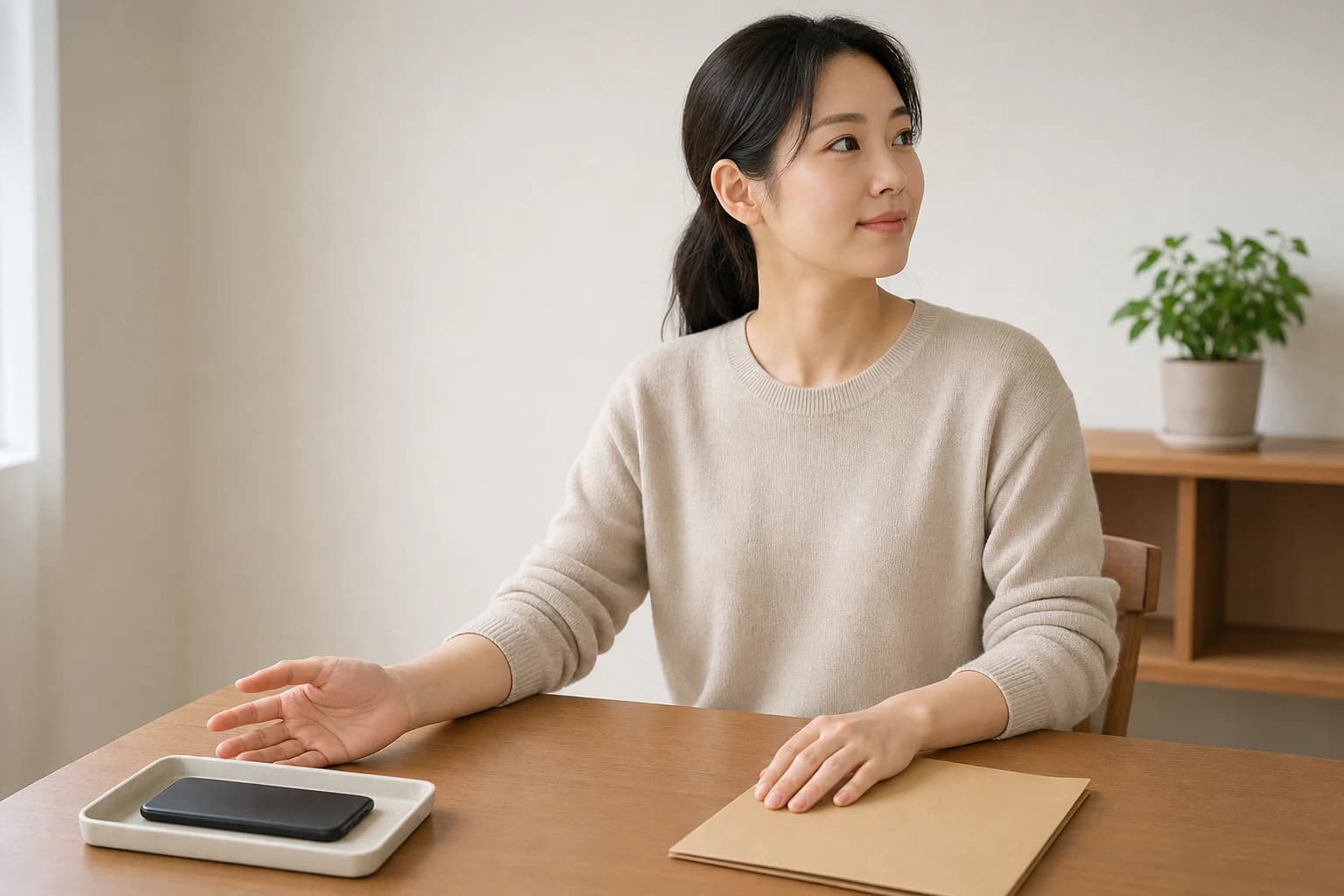 성인이 휴대전화를 뒤집어 트레이에 내려놓고 먼 곳으로 시선을 옮기는 장면