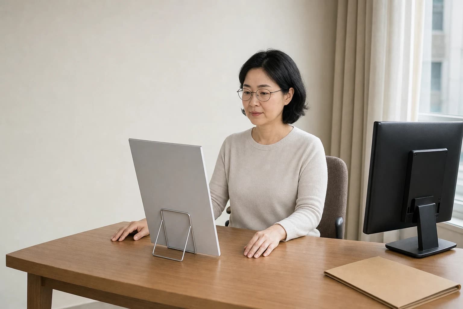 중년 성인이 정면 자료 받침대 앞에서 머리와 턱을 중립으로 두고 근거리 과업을 확인하는 장면