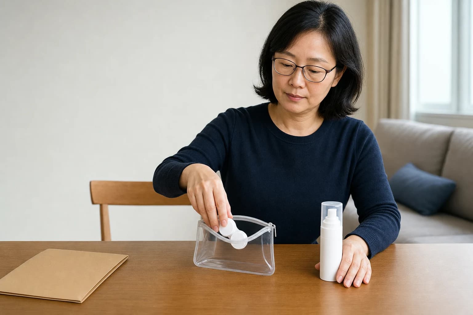 성인이 닫힌 렌즈 케이스와 최근 사용한 무표식 제품을 투명 인계 파우치에 보관하는 장면