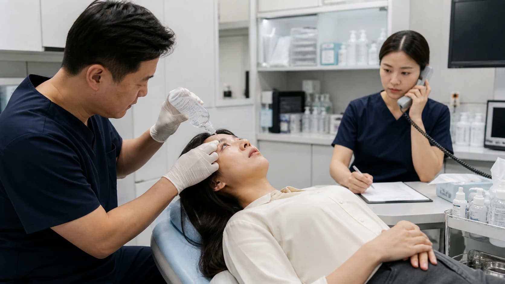 화학물질 눈 노출 뒤 즉시 관류부터 의료 연결까지의 순서 도해