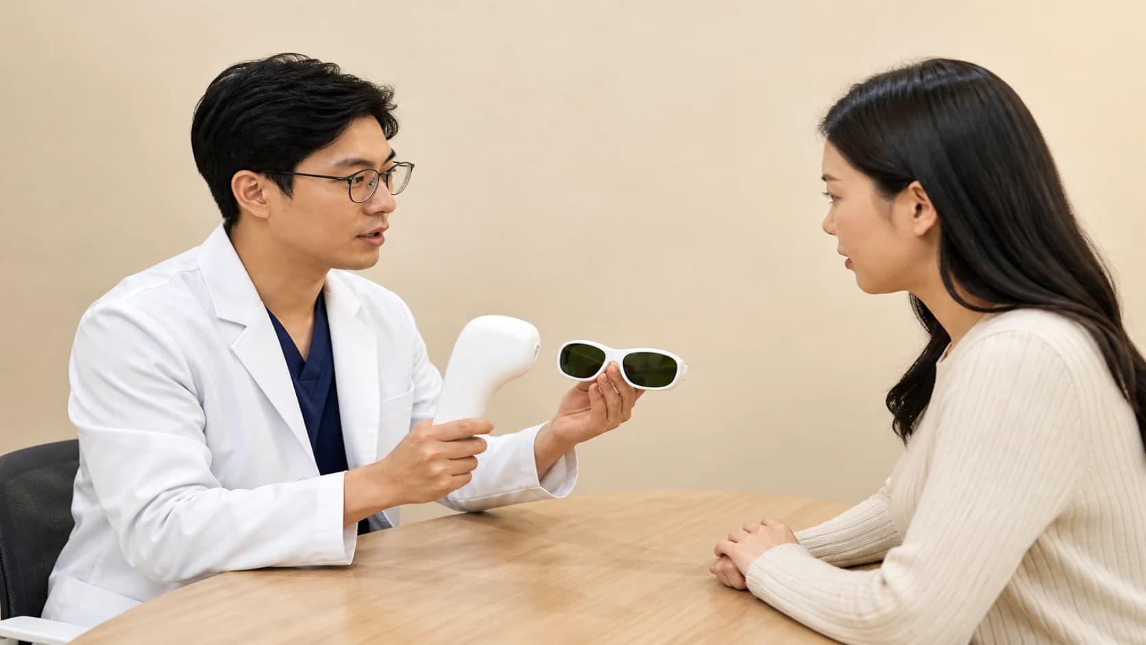시술 전 불투명 안구 보호구와 안내 카드를 확인하는 준비 장면