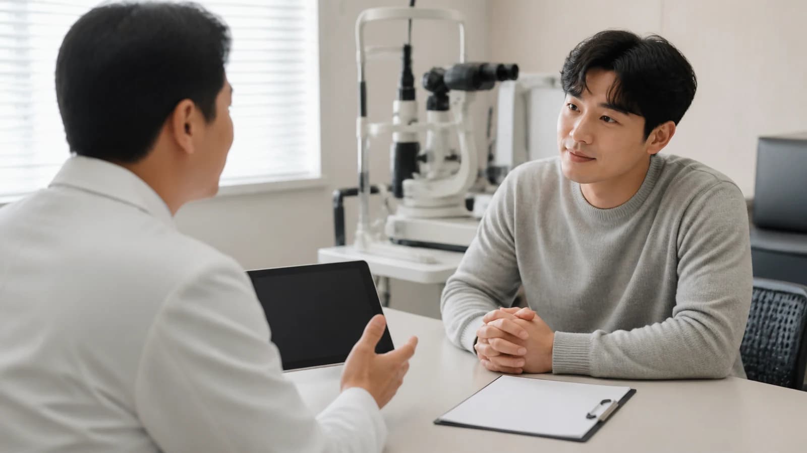 두 렌즈가 홍채 뒤 수정체 앞의 같은 위치에 놓이는 원리를 보여주는 단면 개략도