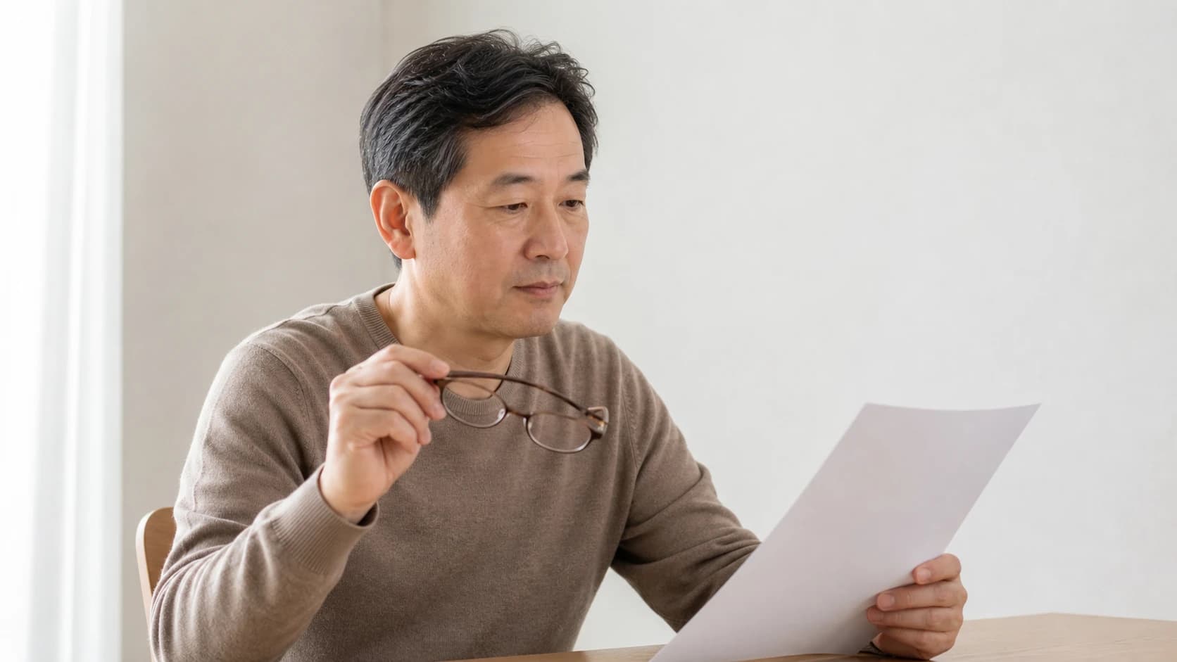 책상에서 안경을 벗어 손에 들고 서류를 가까이 당겨 보는 사람