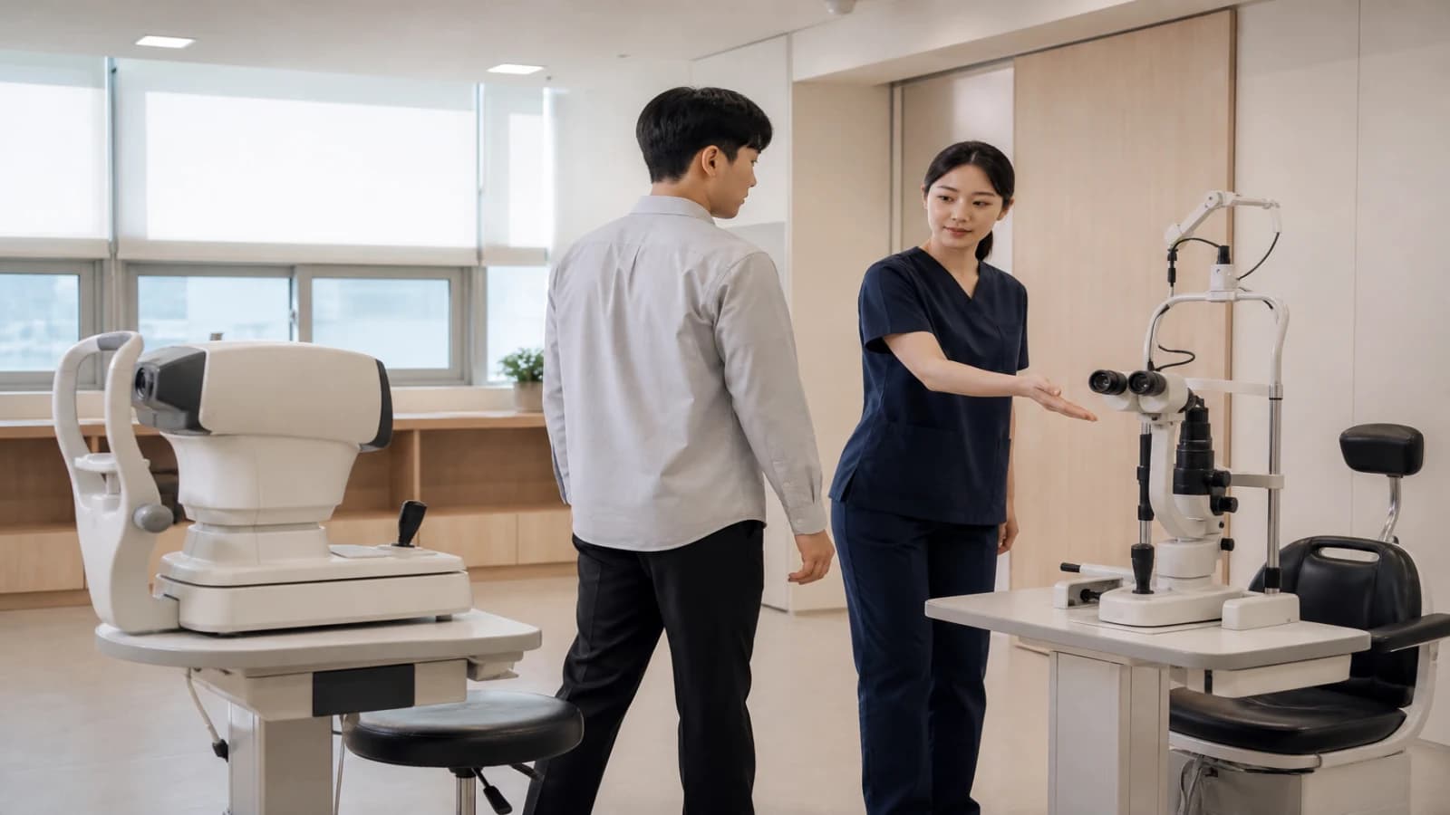 안구형태 각막두께 굴절검사 눈물막검사를 각각 확인하는 검사 도구 구성