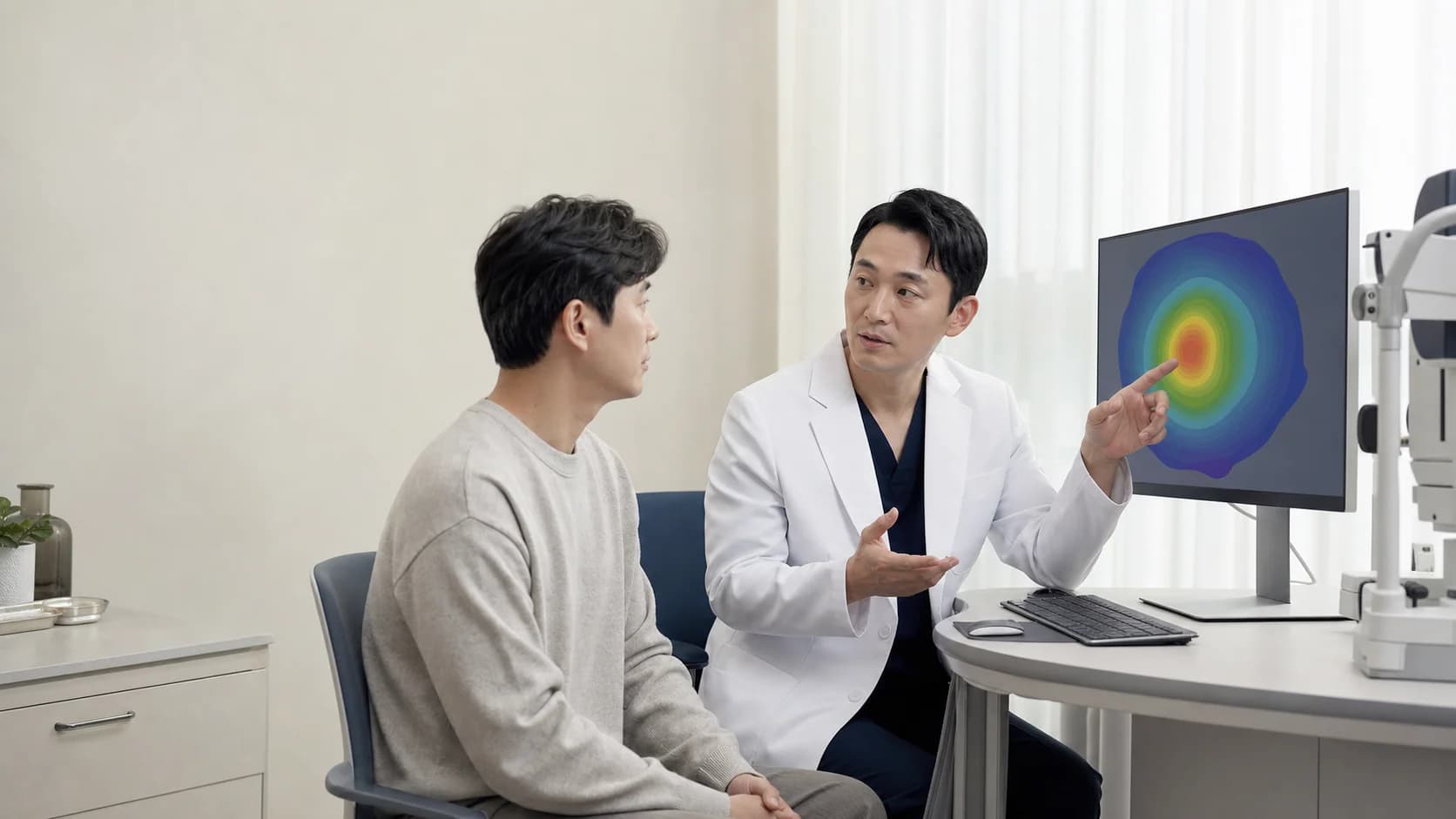한국 성인 환자가 안과 의료진과 각막 검사 결과를 보며 시력교정술의 개인별 위험과 회복 경과를 상담하는 장면
