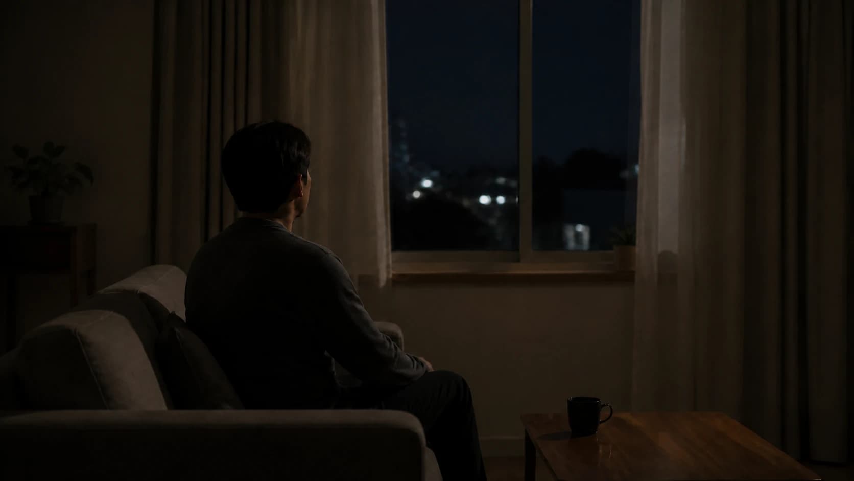 조명을 낮춘 방에 앉아 창밖을 보는 인물의 중거리 실루엣
