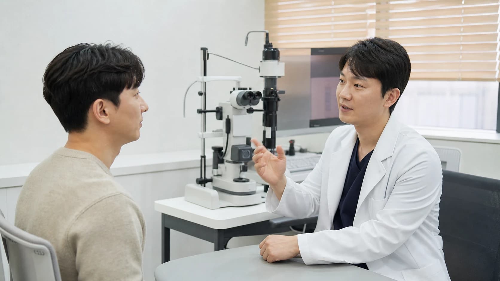 라섹 전 각막 두께·지형도·굴절·안구표면 검사의 목적을 설명하는 도해