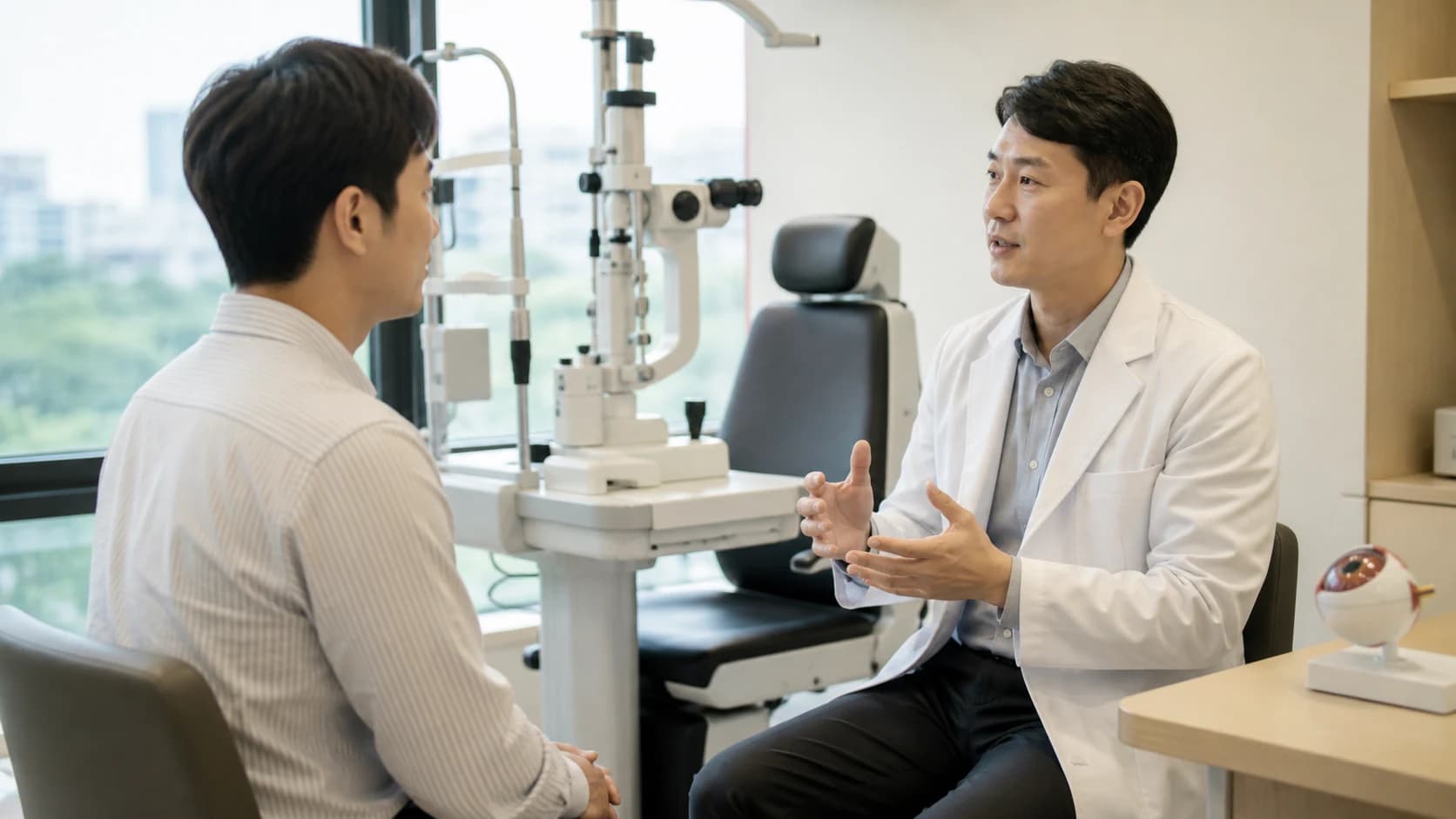검사와 상피 처리, 엑시머레이저 교정, 상피 재생으로 이어지는 라섹 과정