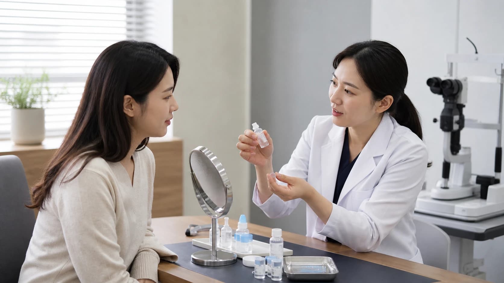 상피 상태와 시력 경과, 점안 조정, 이상 증상 연락을 포함한 라섹 정기 진료 과정