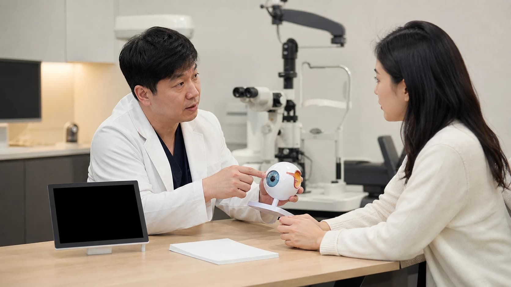 현재 건조 증상과 안구표면 검사, 화면 습관, 관리 계획을 확인하는 수술 전 점검