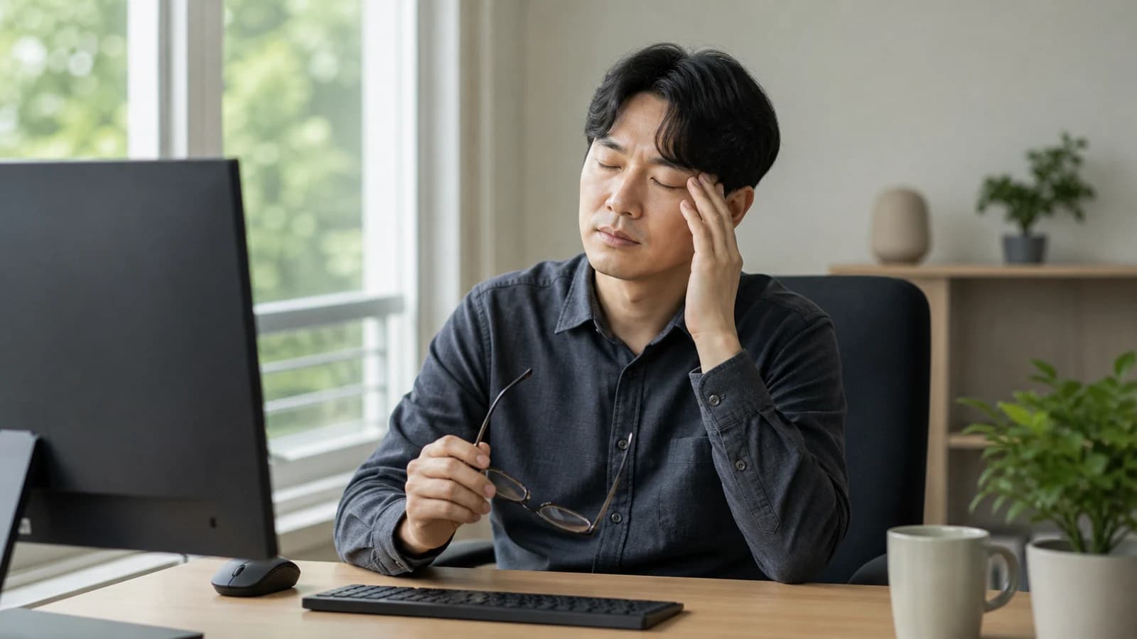 흐릿한 시야로 인한 눈의 피로가 두통으로 이어지는 과정을 보여주는 그래픽