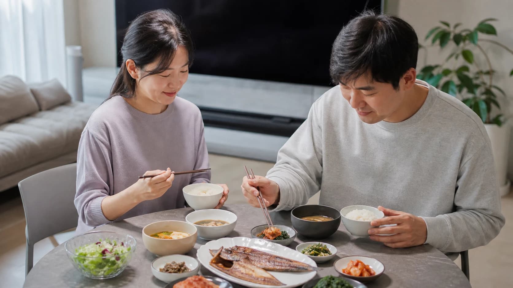 다양한 음식을 균형 있게 섭취하는 식사 장면