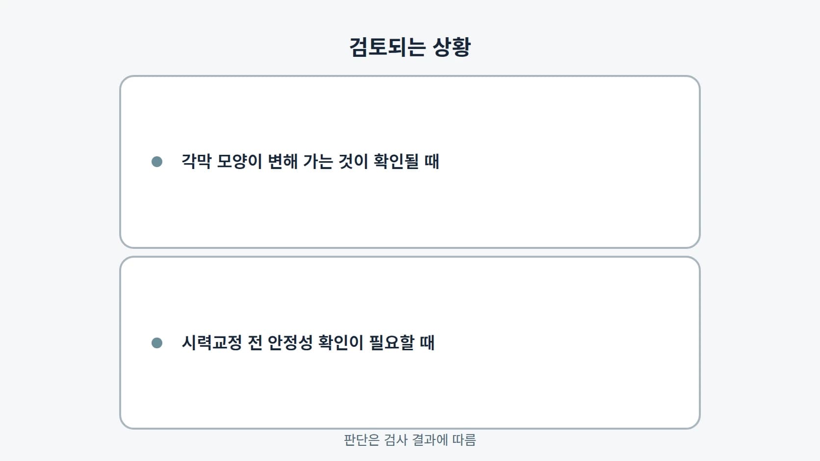 각막 모양 변화가 확인될 때 등 검토가 이뤄지는 상황 유형을 세로로 정리한 목록