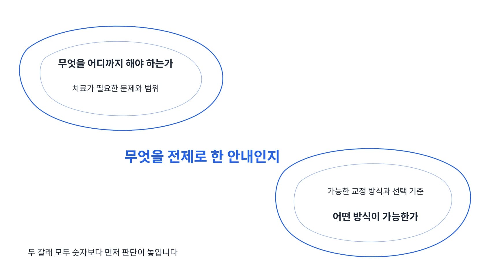 진료에서 이어진 갈래와 스스로 검토하는 갈래를 서로 다른 등고선 영역으로 나누고 그 사이에 전제를 묻는 문장을 둔 도식