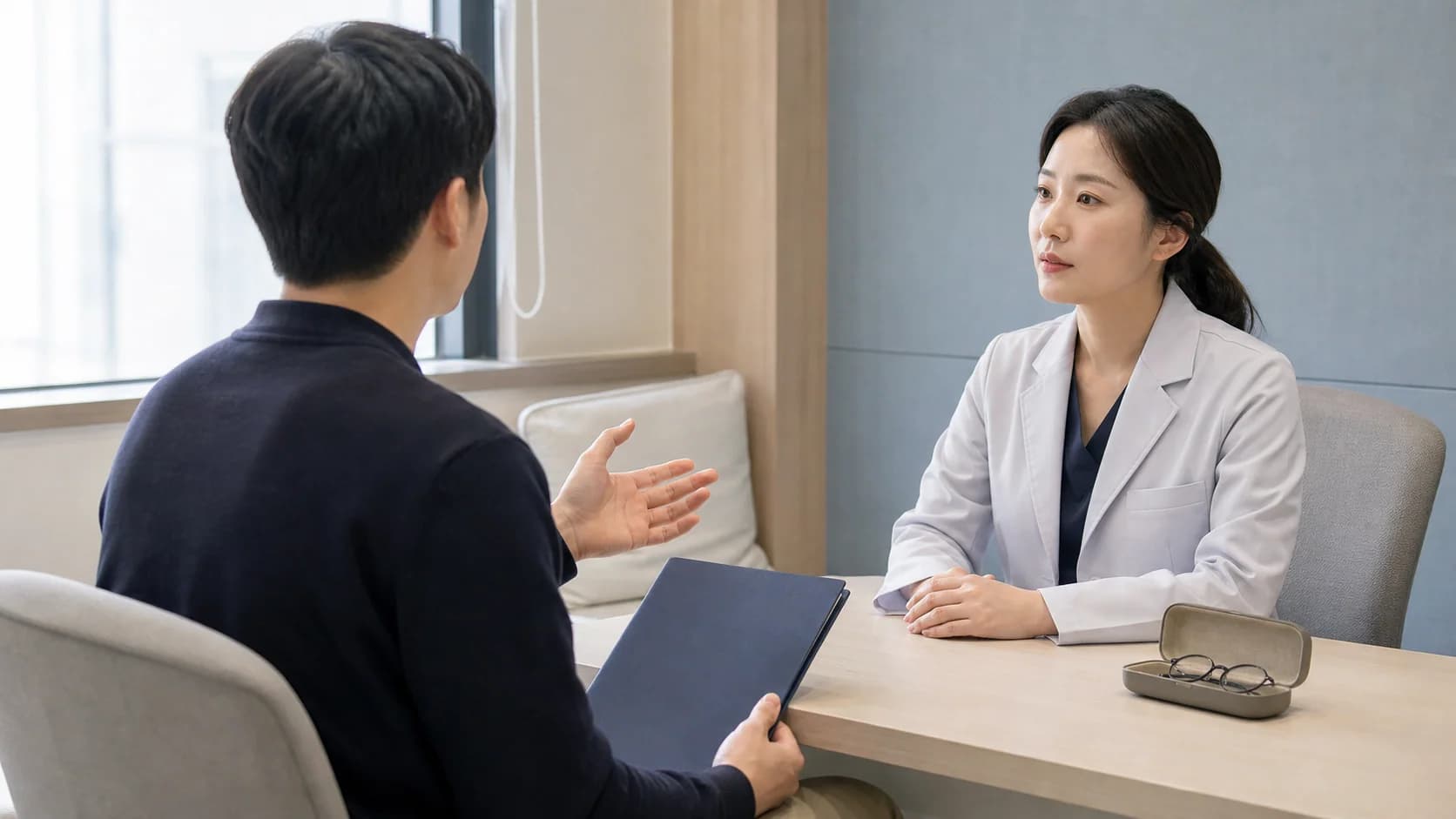 어떤 검사와 시술이 필요한지 상담하는 장면