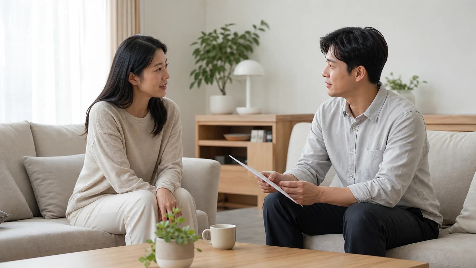 집 거실에서 마주 앉아 이야기하는 두 사람과 한 사람이 들고 있는 빈 안내문