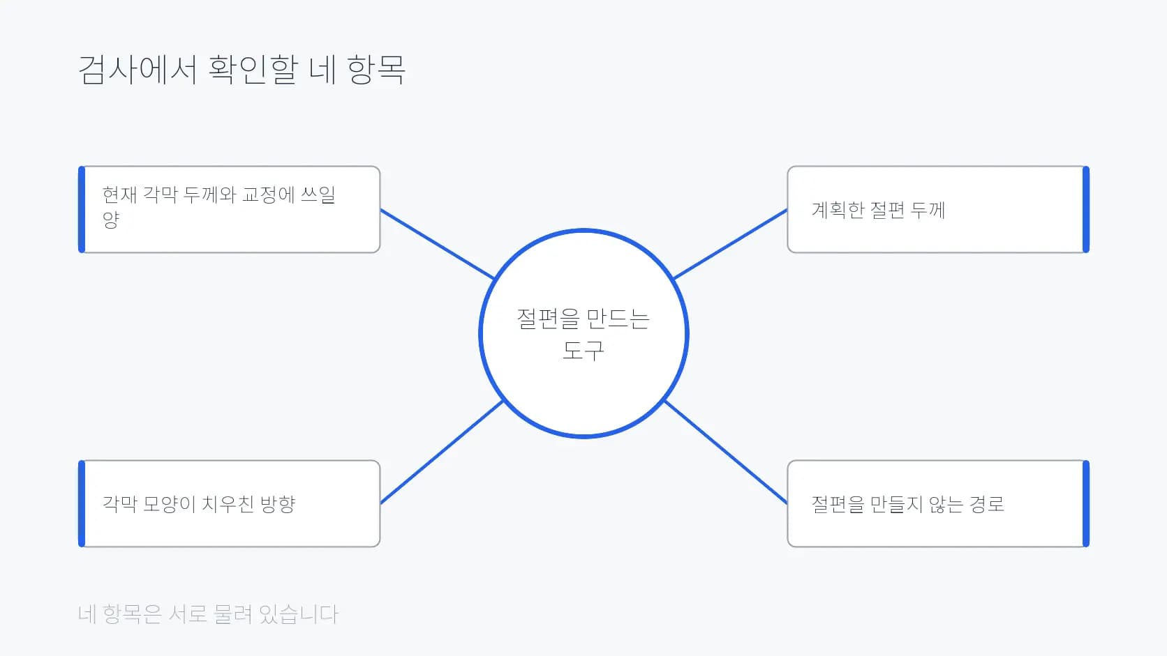 절편을 만드는 도구를 가운데 두고 검사에서 확인할 네 항목이 뻗어 나가는 도식