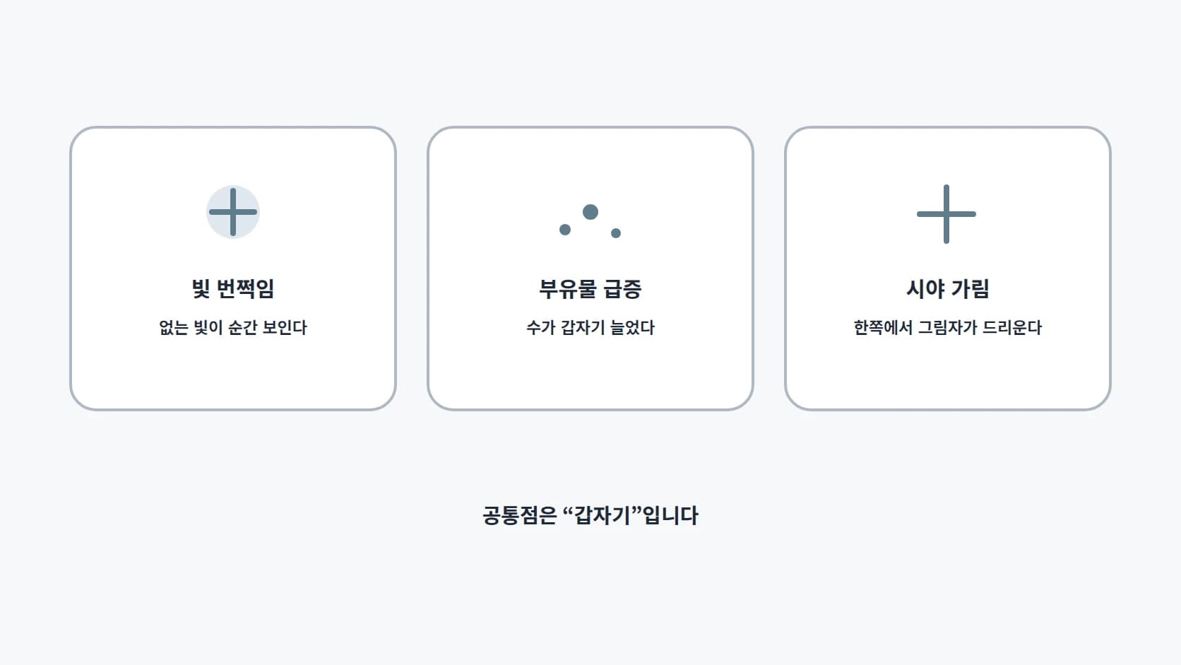 빛 번쩍임, 부유물 급증, 시야 가림 세 신호와 각 판별 기준을 정리한 카드 도해