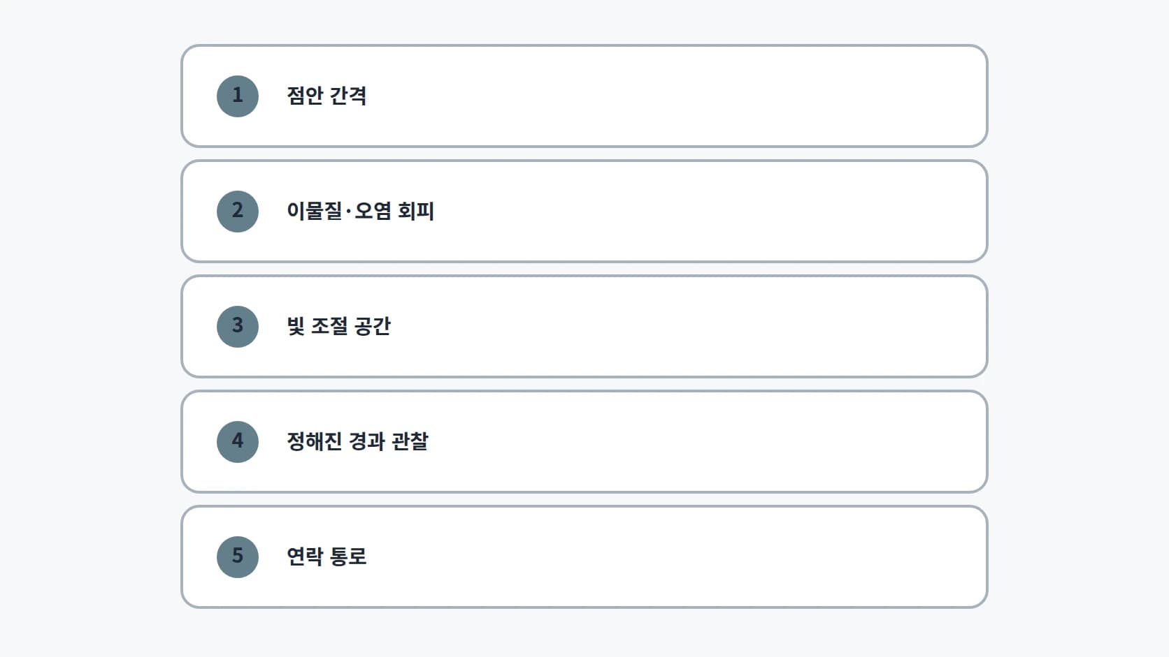 점안 간격, 이물질·오염 회피, 빛 조절 공간, 정해진 경과 관찰, 연락 통로 다섯 가지 회복기 조건을 정리한 목록 도해