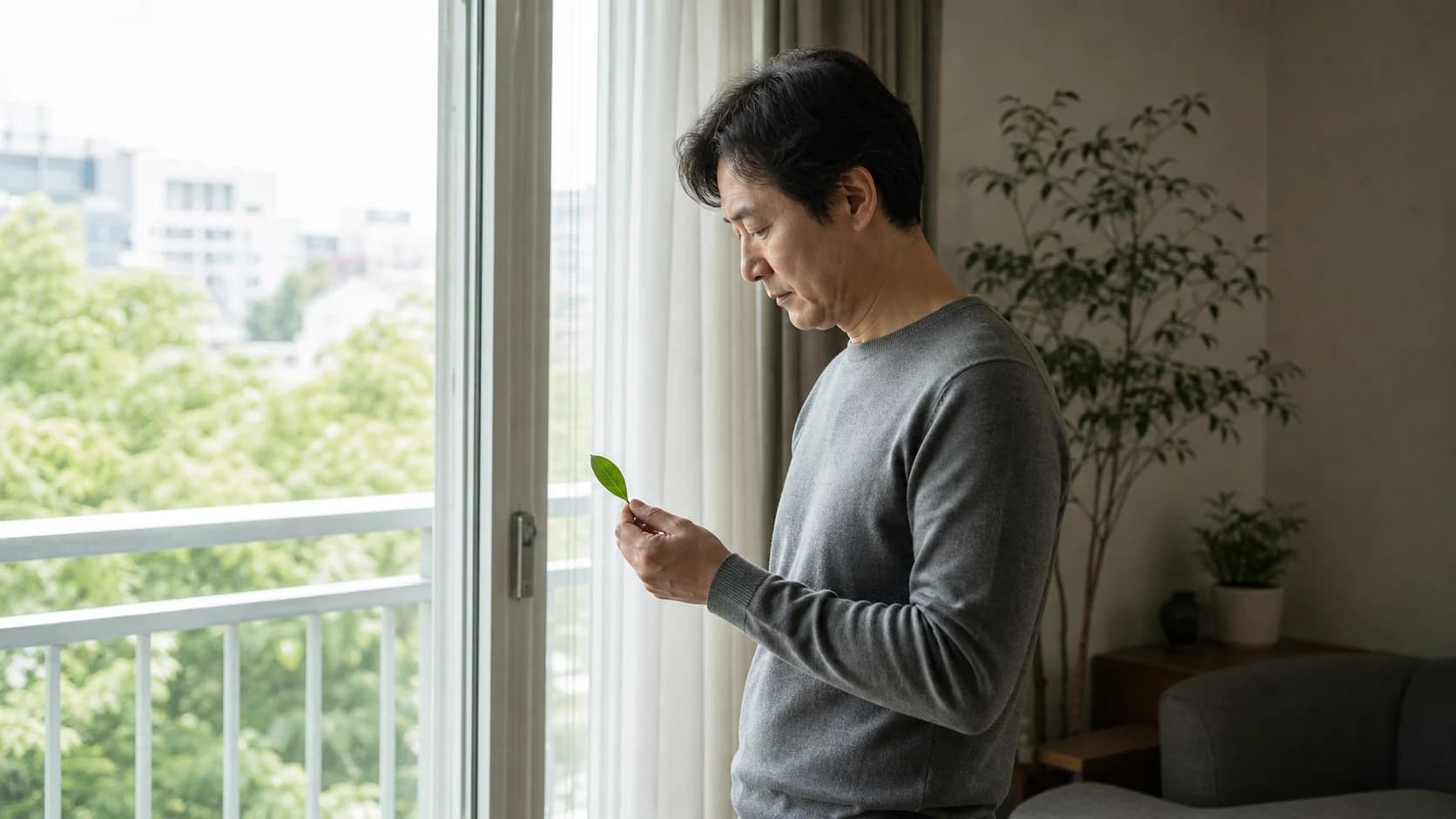 낮의 거실 창가에서 먼 곳을 보다가 손에 든 것으로 시선을 옮기는 중간 자세의 측면 중거리