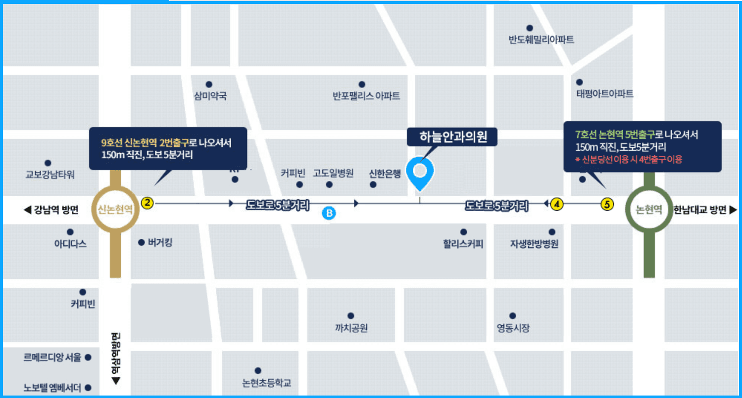 지하철 약도 — 9호선 신논현역 2번출구 150m 직진, 7호선 논현역 5번출구 150m 직진 (신분당선 이용 시 4번출구)